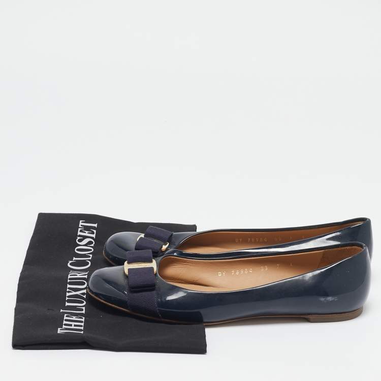 Pre Owned Salvatore Ferragamo Navy Blue Patent Leather Varina Ballet Flats Size 37.5