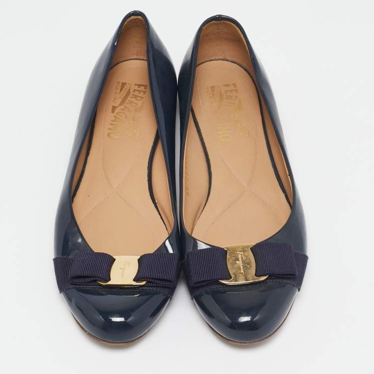 Pre Owned Salvatore Ferragamo Navy Blue Patent Leather Varina Ballet Flats Size 37.5