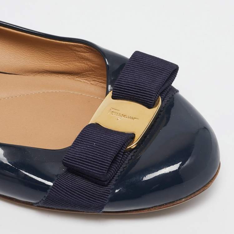 Pre Owned Salvatore Ferragamo Navy Blue Patent Leather Varina Ballet Flats Size 37.5