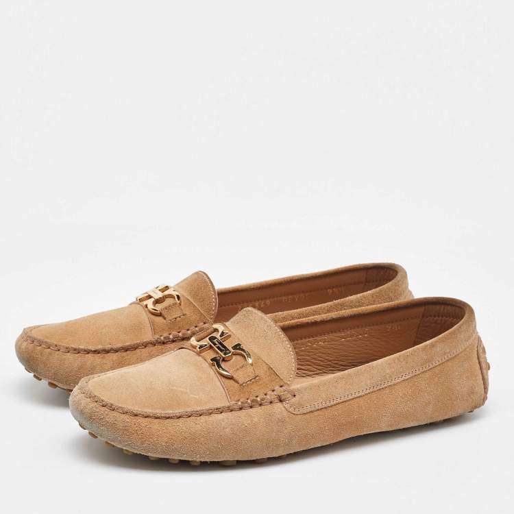 Pre Owned Salvatore Ferragamo Beige Suede Slip On Gancini Loafers Size 40