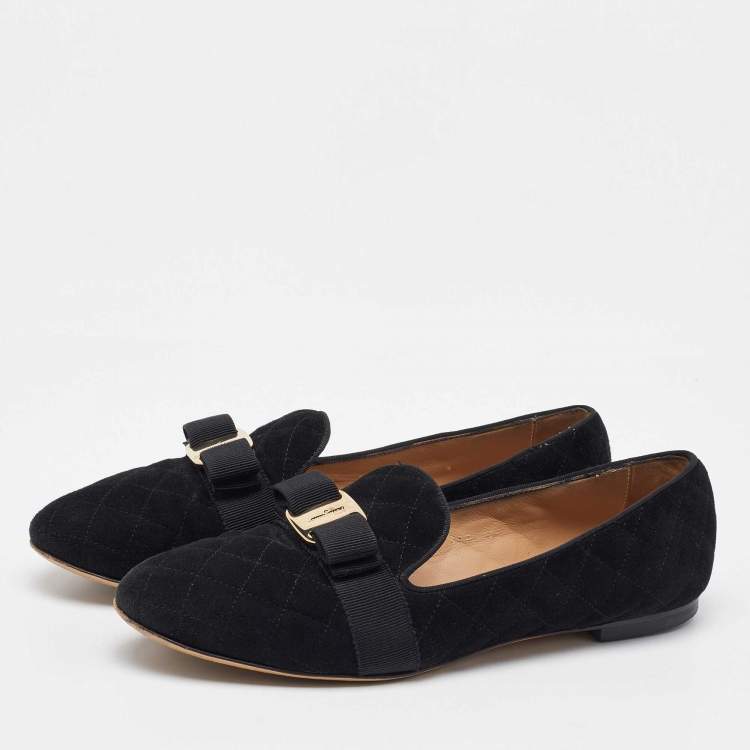 Pre Owned Salvatore Ferragamo Black Suede Vara Bow Smoking Slippers Size 40.5