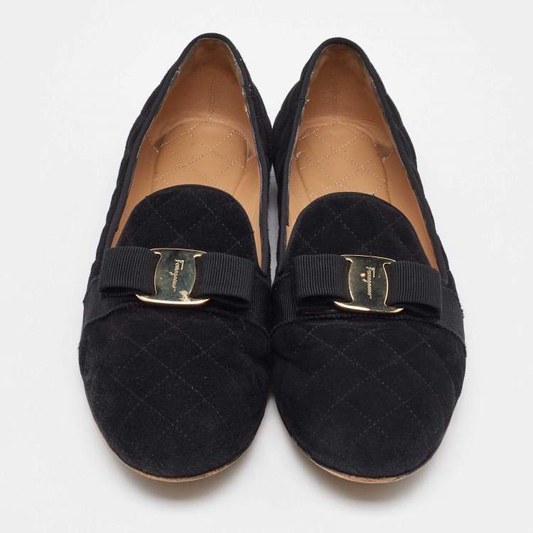 Pre Owned Salvatore Ferragamo Black Suede Vara Bow Smoking Slippers Size 40.5
