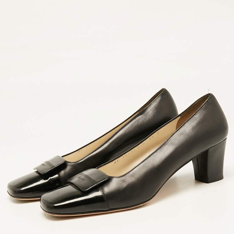 Pre Owned Salvatore Ferragamo Black  Leather Bow Block Heel Pumps Size 37