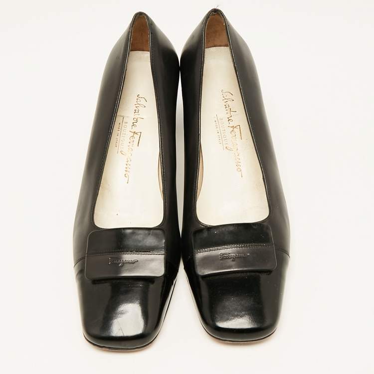 Pre Owned Salvatore Ferragamo Black  Leather Bow Block Heel Pumps Size 37