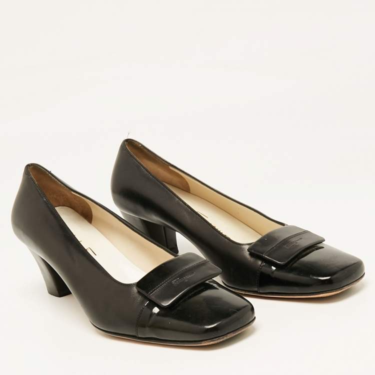 Pre Owned Salvatore Ferragamo Black  Leather Bow Block Heel Pumps Size 37