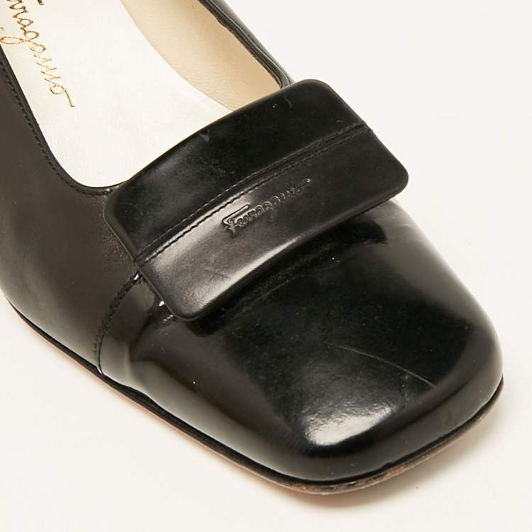 Pre Owned Salvatore Ferragamo Black  Leather Bow Block Heel Pumps Size 37