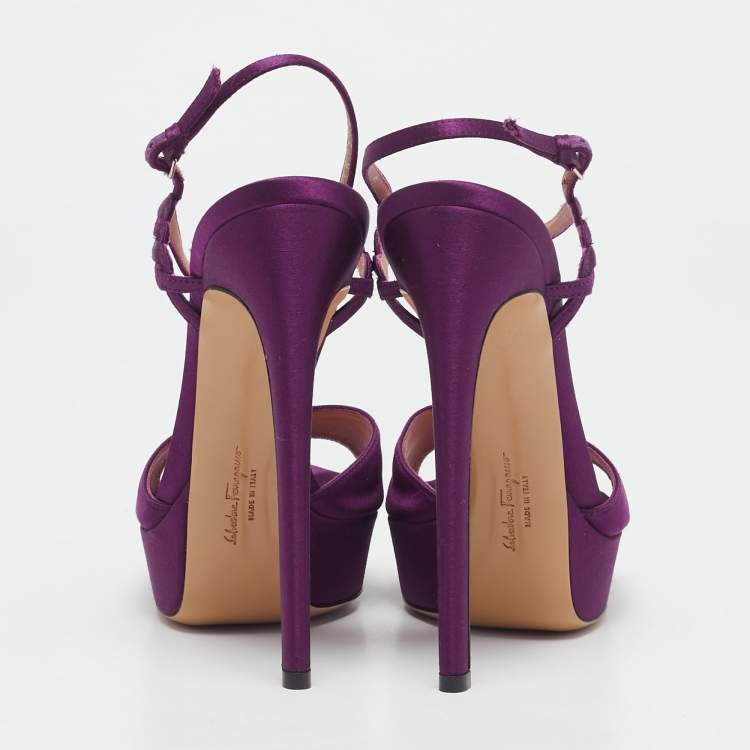 Pre Owned Salvatore Ferragamo Purple Satin Platform Ankle Strap Sandals Size 38.5