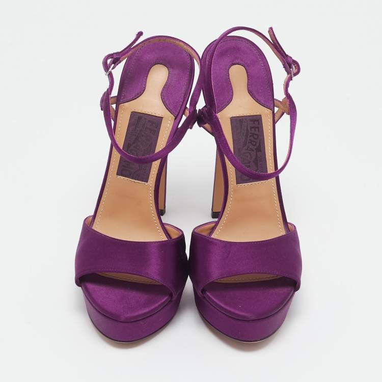 Pre Owned Salvatore Ferragamo Purple Satin Platform Ankle Strap Sandals Size 38.5