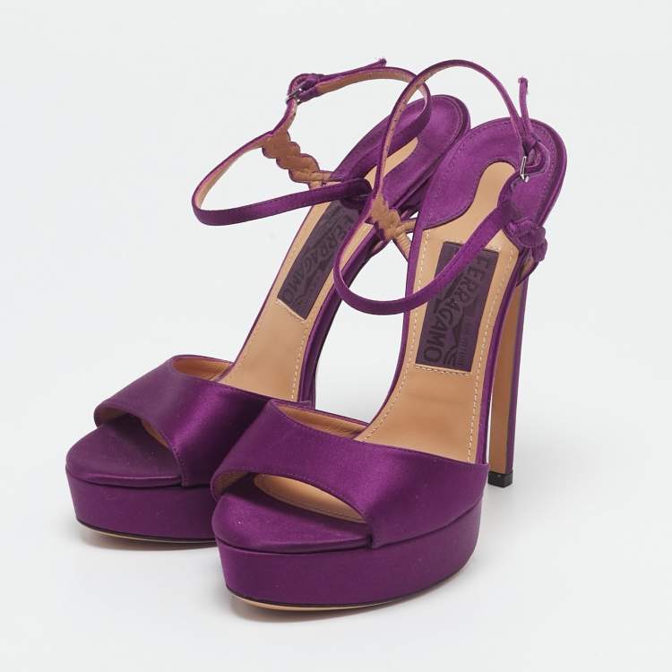 Pre Owned Salvatore Ferragamo Purple Satin Platform Ankle Strap Sandals Size 38.5