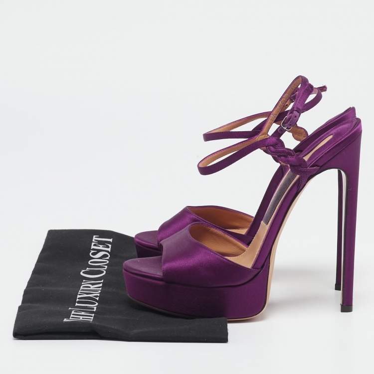 Pre Owned Salvatore Ferragamo Purple Satin Platform Ankle Strap Sandals Size 38.5