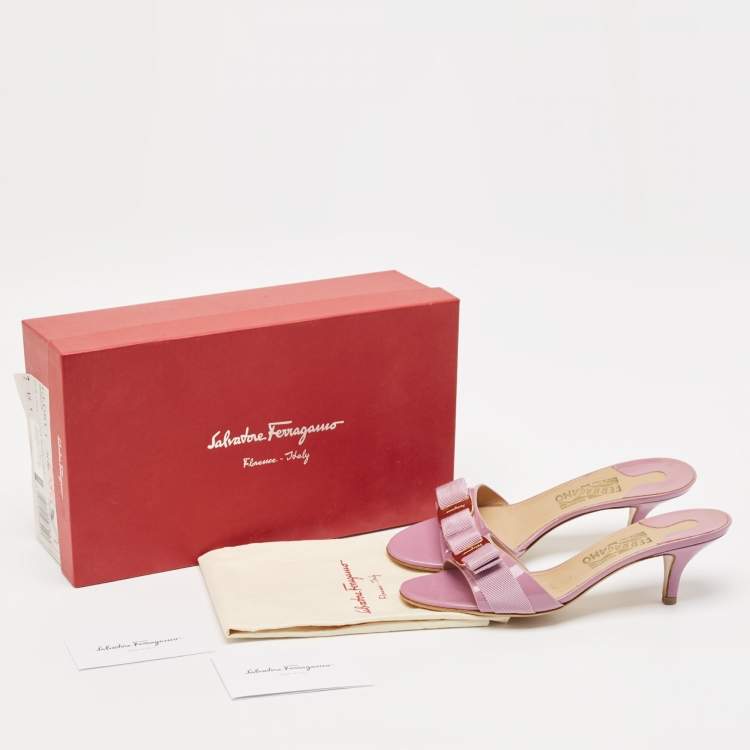 Pre Owned Salvatore Ferragamo Lavender Patent Leather Vara Bow Slide Sandals Size 38