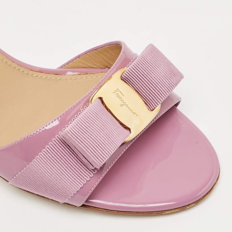 Pre Owned Salvatore Ferragamo Lavender Patent Leather Vara Bow Slide Sandals Size 38