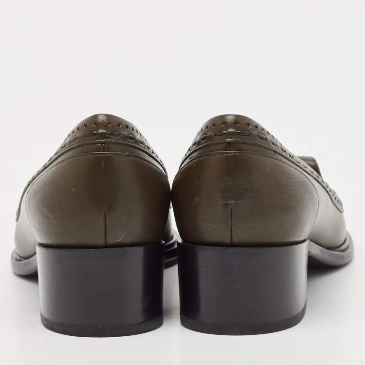 Pre Owned Salvatore Ferragamo Olive Green Leather Fele Loafer Pumps Size 38