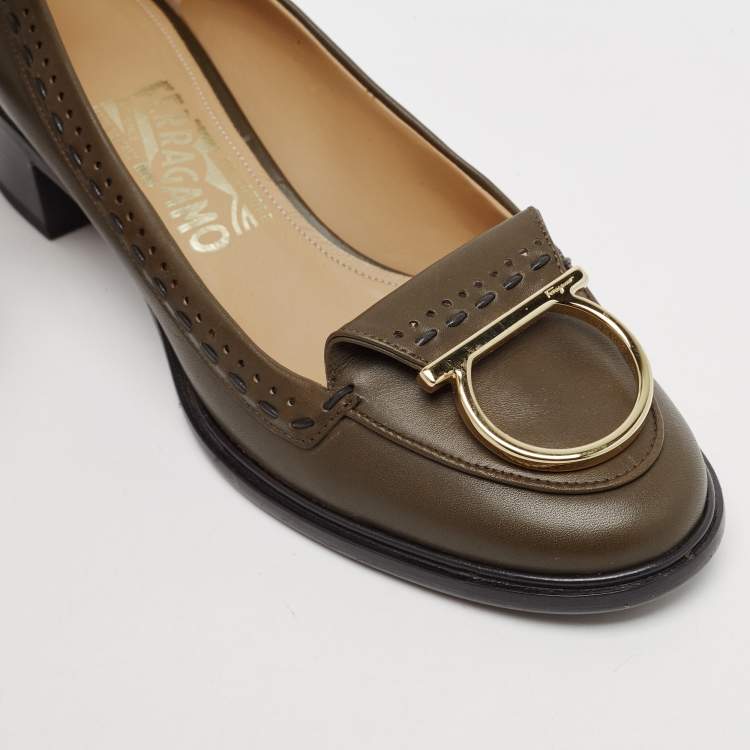 Pre Owned Salvatore Ferragamo Olive Green Leather Fele Loafer Pumps Size 38