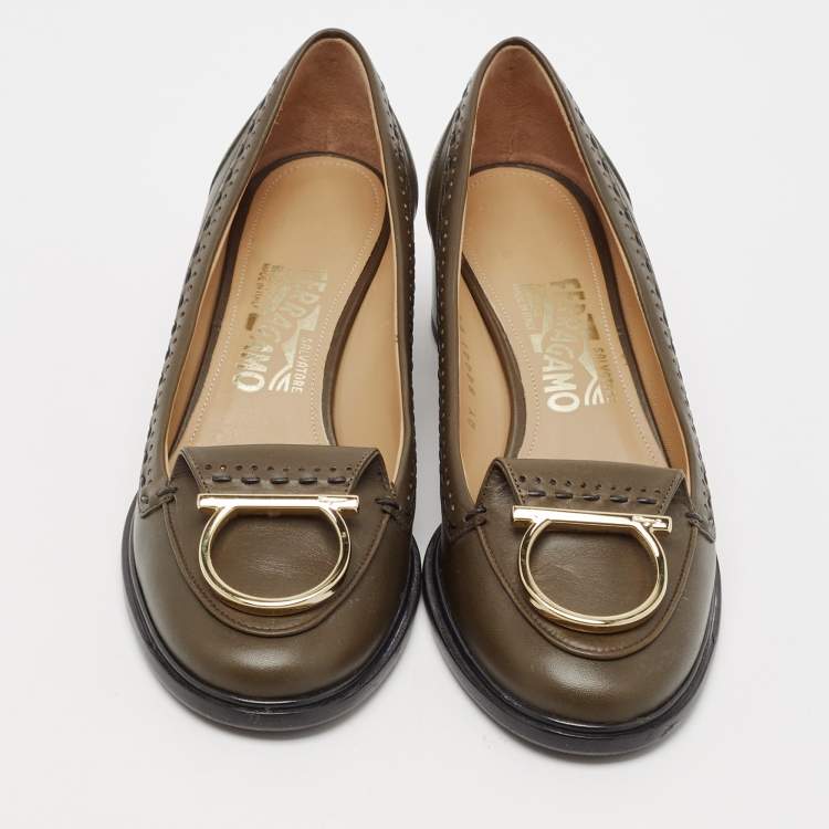 Pre Owned Salvatore Ferragamo Olive Green Leather Fele Loafer Pumps Size 38