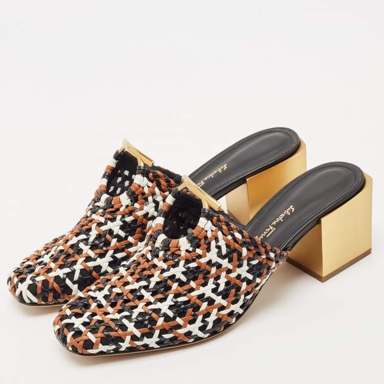 Pre Owned Salvatore Ferragamo Tricolor Woven Leather Laino Mules Size 39