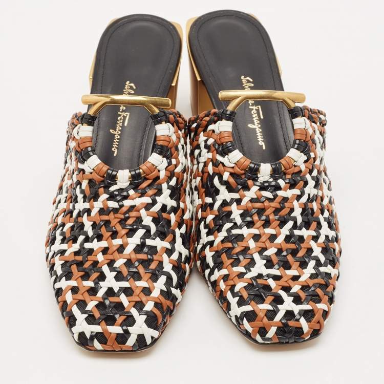 Pre Owned Salvatore Ferragamo Tricolor Woven Leather Laino Mules Size 39