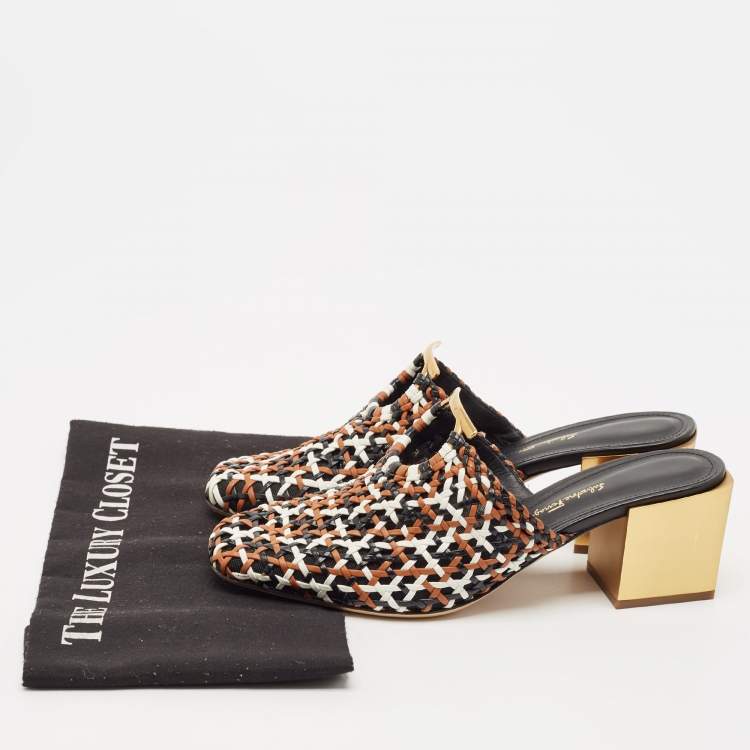 Pre Owned Salvatore Ferragamo Tricolor Woven Leather Laino Mules Size 39