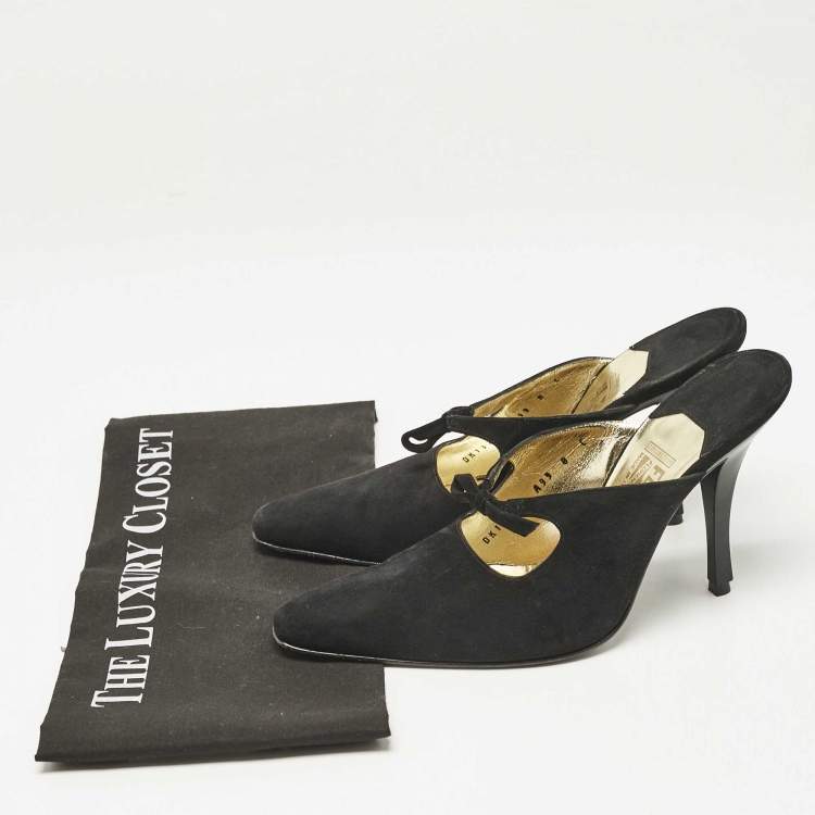 Pre Owned Salvatore Ferragamo Black Suede Anamur Pointed Toe Mules Size 38.5