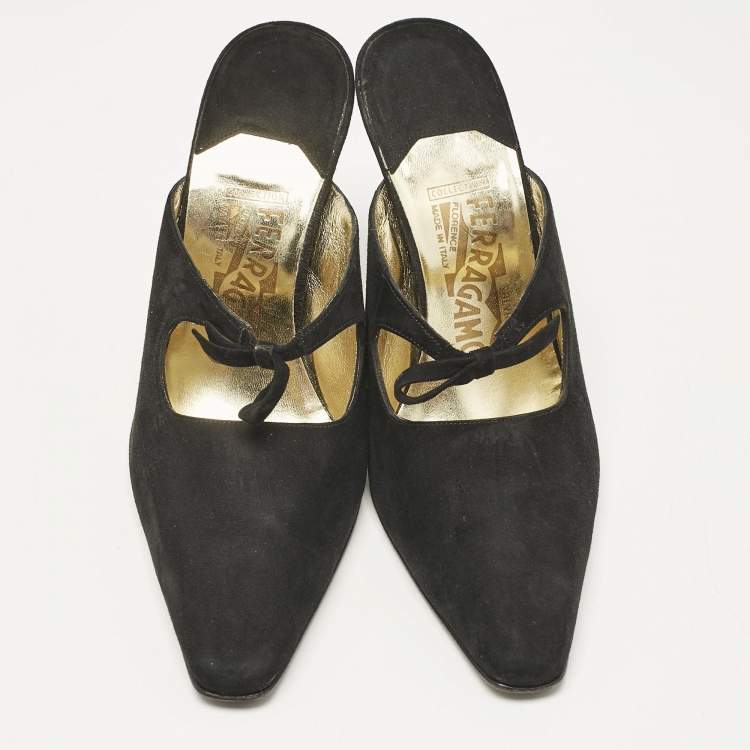 Pre Owned Salvatore Ferragamo Black Suede Anamur Pointed Toe Mules Size 38.5