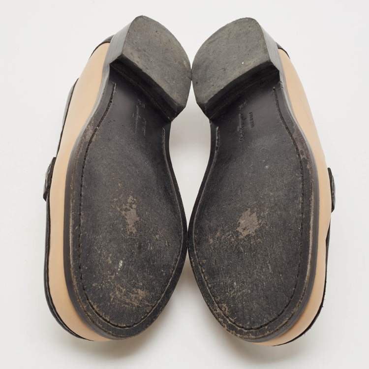 Pre Owned Salvatore Ferragamo Black/Beige Leather Slip On Loafers Size 40