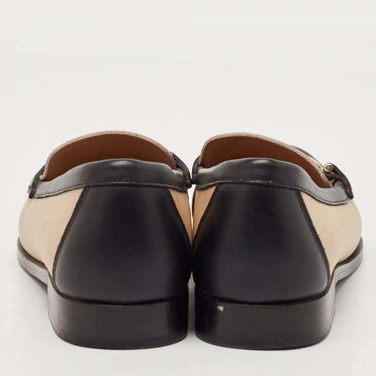 Pre Owned Salvatore Ferragamo Black/Beige Leather Slip On Loafers Size 40