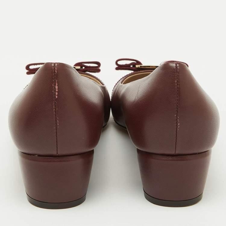 Pre Owned Salvatore Ferragamo Burgundy Leather Web Vara Bow Pumps Size 40.5