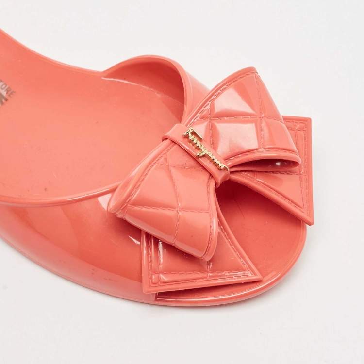 Pre Owned Salvatore Ferragamo Coral Pink Jelly Barbados Bow Ballet Flats Size 39.5