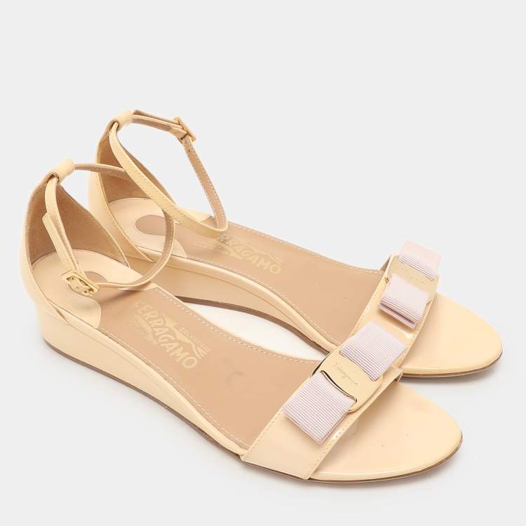 Pre Owned Salvatore Ferragamo Light Beige Patent Leather Margot Wedge Sandals Size 38