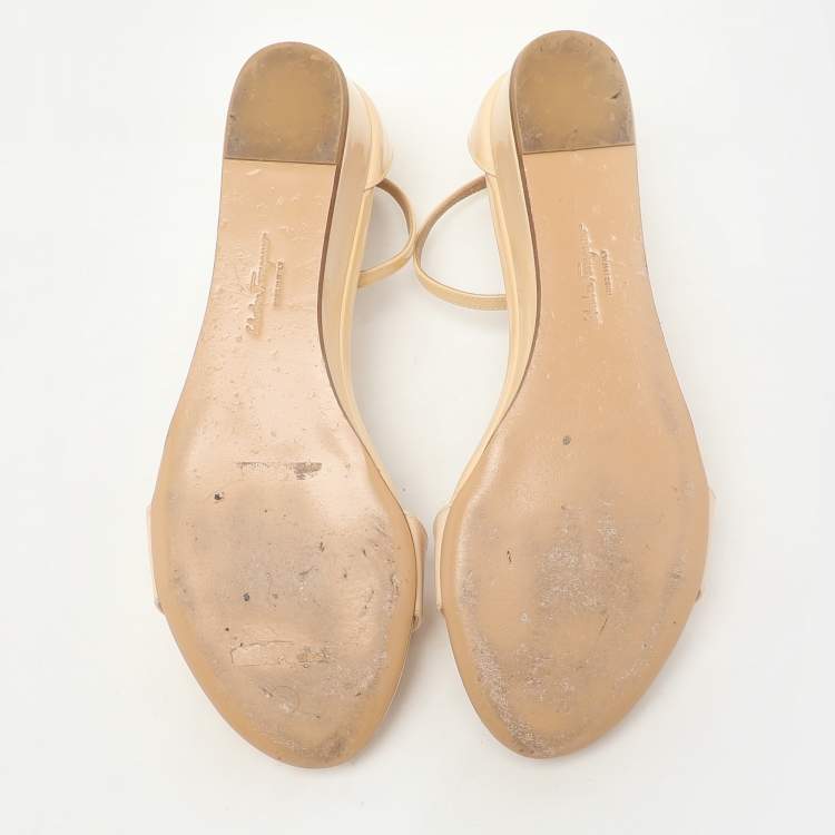 Pre Owned Salvatore Ferragamo Light Beige Patent Leather Margot Wedge Sandals Size 38