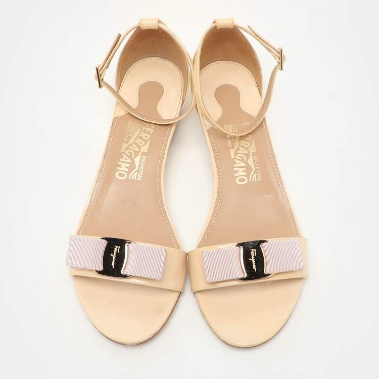 Pre Owned Salvatore Ferragamo Light Beige Patent Leather Margot Wedge Sandals Size 38