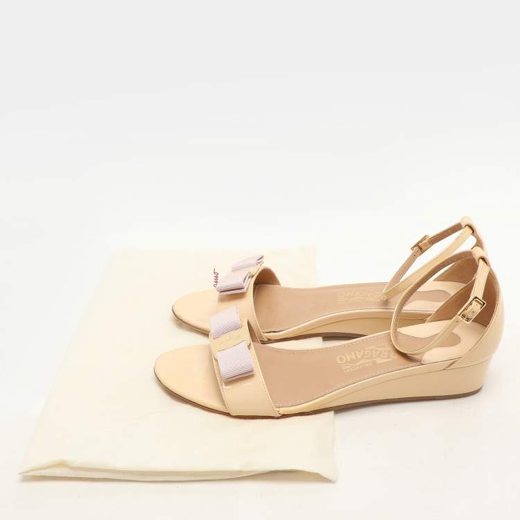 Pre Owned Salvatore Ferragamo Light Beige Patent Leather Margot Wedge Sandals Size 38