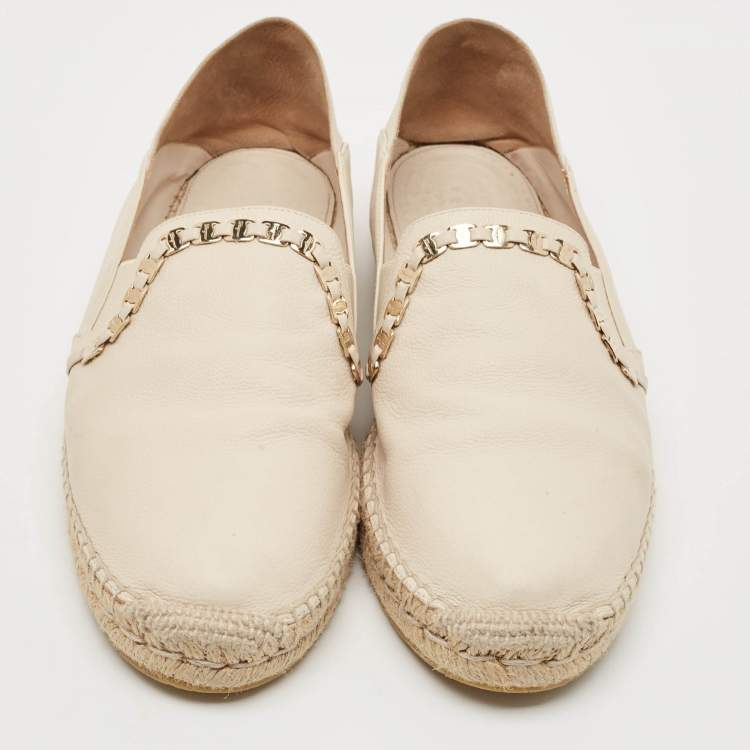 Pre Owned Salvatore Ferragamo Cream Leather Chain Espadrille Flats Size 39.5