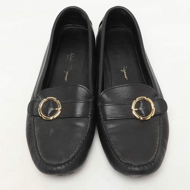 Pre Owned Salvatore Ferragamo Black Leather Buckle Loafers Size 39