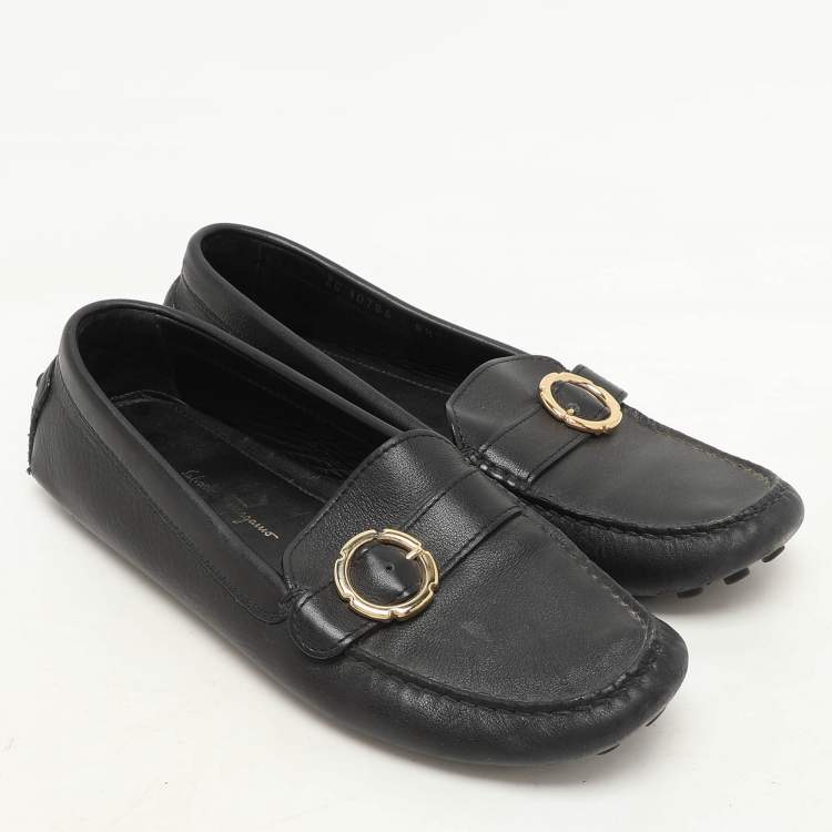Pre Owned Salvatore Ferragamo Black Leather Buckle Loafers Size 39