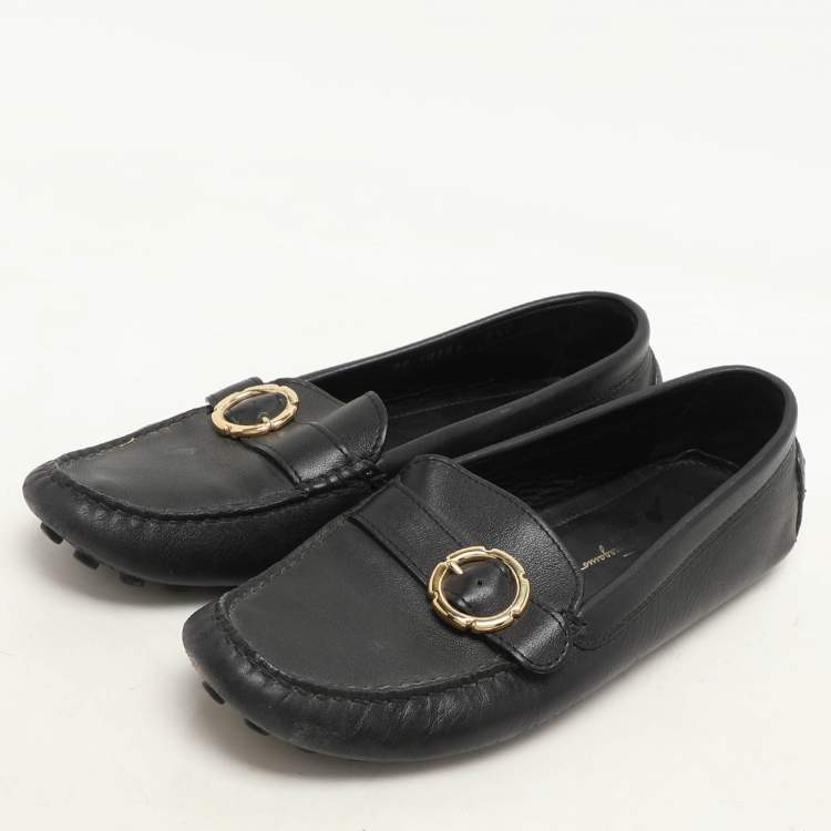 Pre Owned Salvatore Ferragamo Black Leather Buckle Loafers Size 39