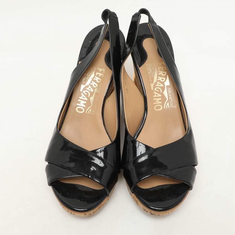 Pre Owned Salvatore Ferragamo Black Patent Leather Cork Wedge Slingback Sandals Size 39.5