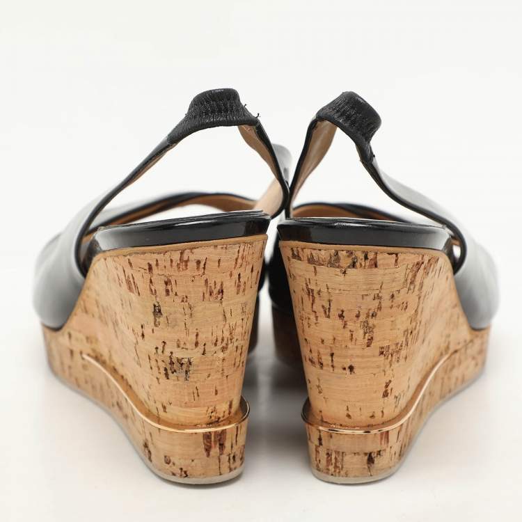 Pre Owned Salvatore Ferragamo Black Patent Leather Cork Wedge Slingback Sandals Size 39.5