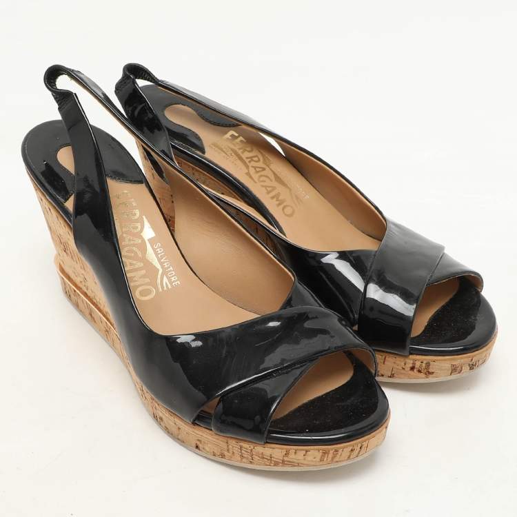 Pre Owned Salvatore Ferragamo Black Patent Leather Cork Wedge Slingback Sandals Size 39.5