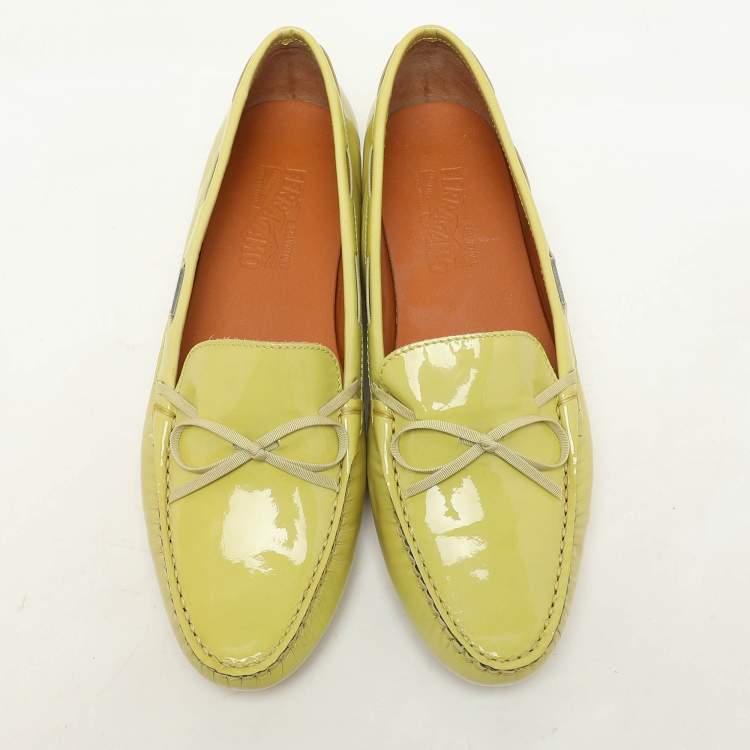 Pre Owned Salvatore Ferragamo Green Patent Leather Bow Loafers Size 40