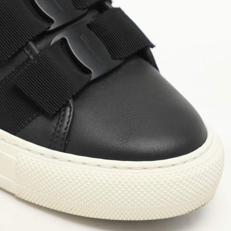 Pre Owned Salvatore Ferragamo Black Leather Vara Bow Trio Slip On Sneakers Size 38.5