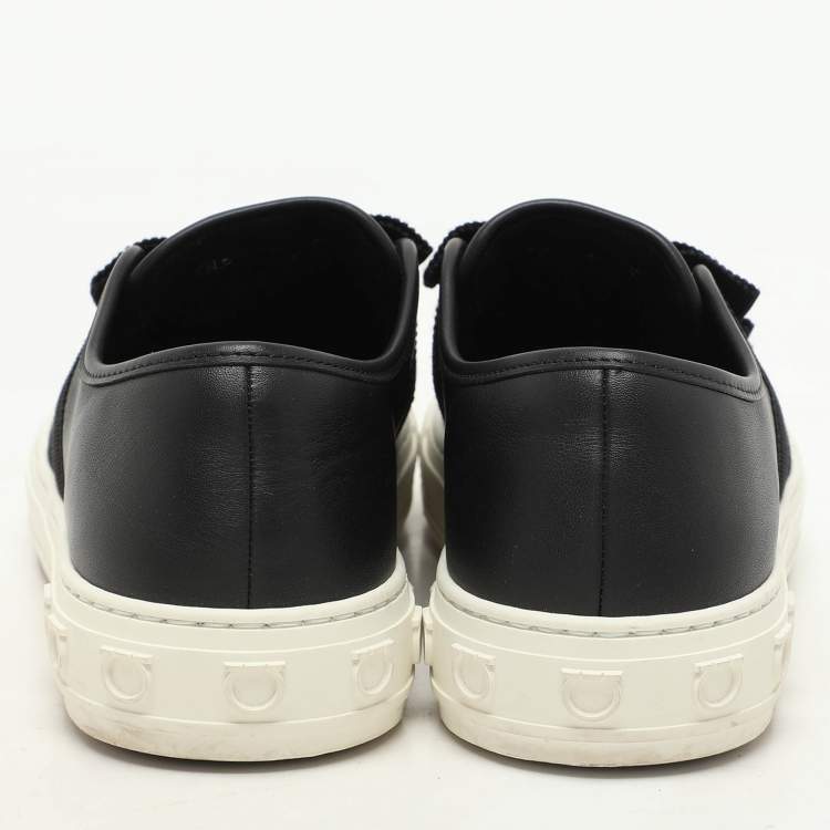 Pre Owned Salvatore Ferragamo Black Leather Vara Bow Trio Slip On Sneakers Size 38.5