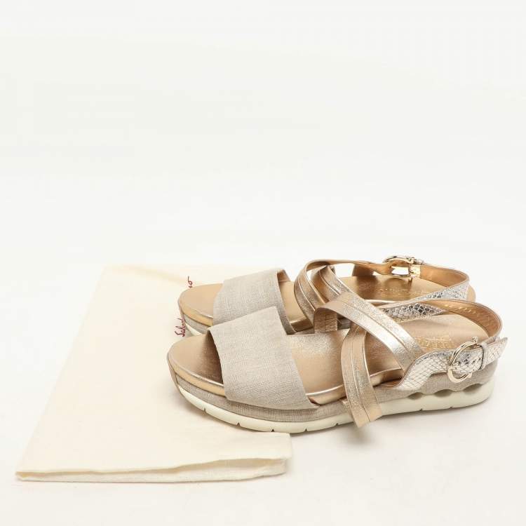 Pre Owned Salvatore Ferragamo Beige/Gold Canvas and Leather Gancini Platform Sandals Size 39