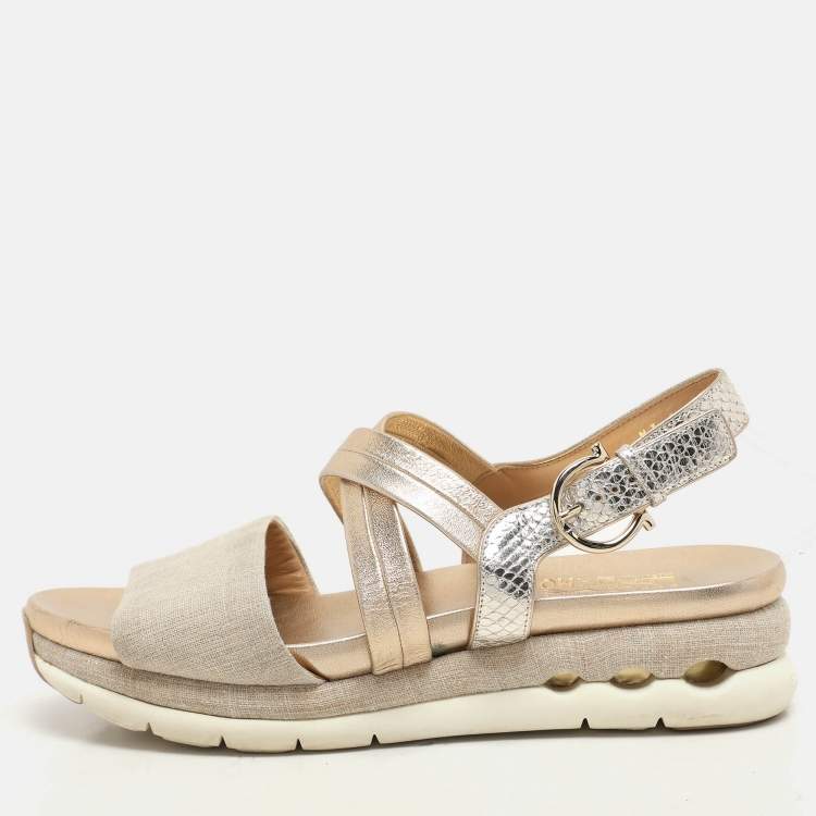Pre Owned Salvatore Ferragamo Beige/Gold Canvas and Leather Gancini Platform Sandals Size 39