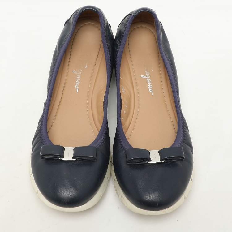 Pre Owned Salvatore Ferragamo Navy Blue Leather Vara Bow Ballet Flats Size 37.5