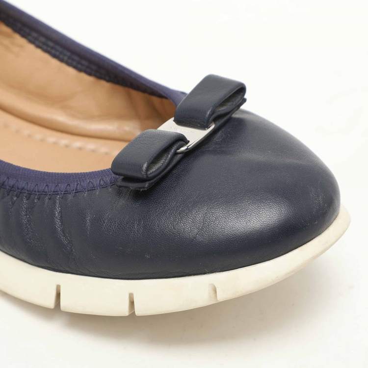 Pre Owned Salvatore Ferragamo Navy Blue Leather Vara Bow Ballet Flats Size 37.5
