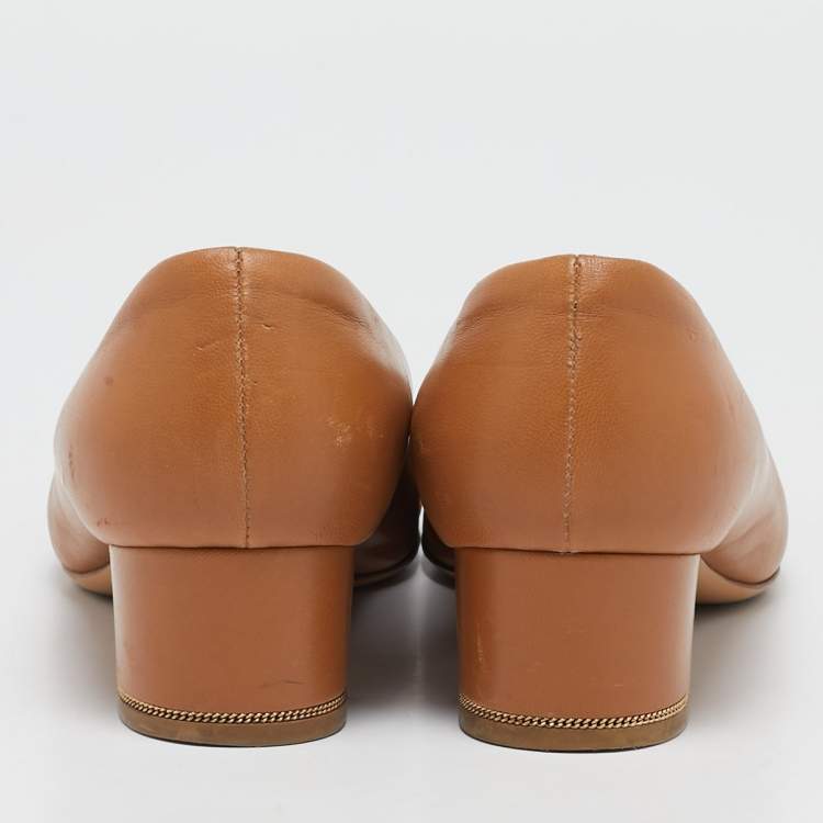 Pre Owned Salvatore Ferragamo Brown Leather Fiamma Keyhole Block Heel Pumps Size 40
