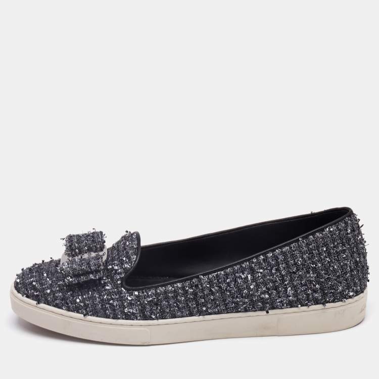 Pre Owned Salvatore Ferragamo Grey Tweed Novello Slip On Sneakers Size 37.5