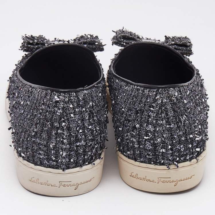 Pre Owned Salvatore Ferragamo Grey Tweed Novello Slip On Sneakers Size 37.5