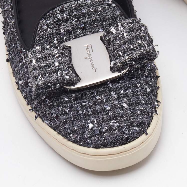Pre Owned Salvatore Ferragamo Grey Tweed Novello Slip On Sneakers Size 37.5